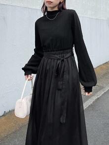 FRIFUL Women's Mock Neck Knit Patchwork Chiffon Loose High Waist Dress - Black - View 3