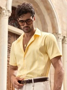 HIMLAND Áo sơ mi nam cổ bẻ tay ngắn, họa tiết sọc đi làm thường ngày, áo sơ mi nam mặc đi nghỉ dưỡng, áo sơ mi nam sọc vàng, áo sơ mi nam tay ngắn, áo sơ mi nam sang trọng, áo sơ mi nam màu vàng, tiền cũ - Màu vàng - Xem 2