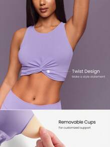 GLOWMODE FeatherFit™ Twist And Flow 柔软弹力吸汗可拆卸罩杯工字背心扭纹前短款背心上衣低冲击瑜伽普拉提 Barre 健身房工作室日常休闲装 - 紫丁香色 - 查看 4