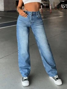 SHEIN Cottnline High Waist Solid Color Fashionable Pocket Casual Wide Leg Jeans City Break Light Blue Summer Going Out Date - Medium Wash - View 7