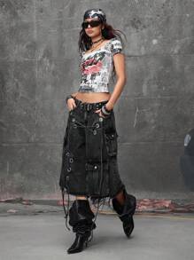 ROMWE Grunge Punk 街头朋克风做旧宽松超低腰女式牛仔七分裤 - 黑色 - 查看 2