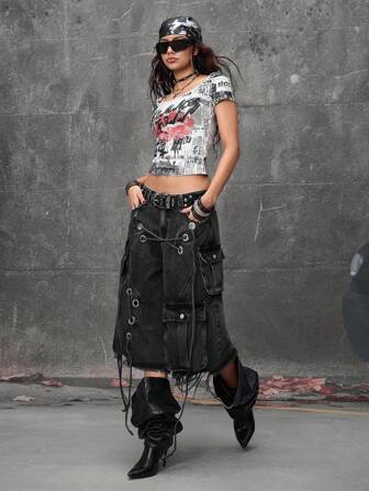 Grunge Punk Street Punk Style Distressed Loose Low Waist Women Denim Capri Pants
