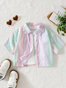 Genkimix Kids 1 件年轻女孩条纹印花短款短袖衬衫淡色条纹衬衫夏季返校休闲衬衫 - 彩色 - 查看 3