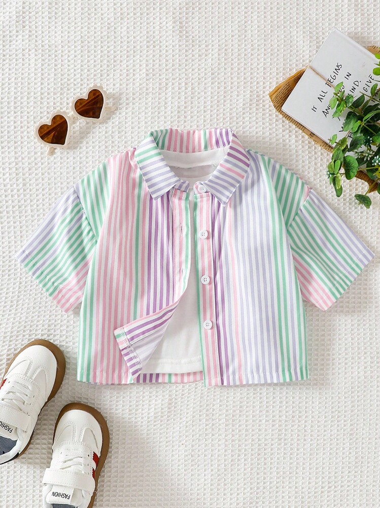 Genkimix Kids 1 件年轻女孩条纹印花短款短袖衬衫淡色条纹衬衫夏季返校休闲衬衫 - 彩色 - 查看 3