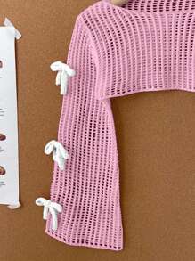 SHEIN 女童米色套头毛衣，可爱休闲时尚3D粉色蝴蝶结针织开衫 - 粉色 - 查看 4