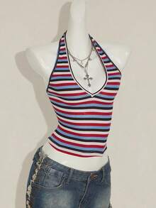 SHEIN ICON Sexy Deep V-Neck Rainbow Striped Tight Camisole - Multicolor - View 7