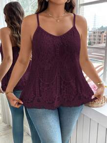 Reflora Plus Size Summer Casual Solid Color Lace Camisole Lace Tank Top - Maroon - View 3