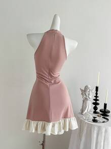 SHEIN MOD Vestido mini rosa para mujer con lazo beige y decoración de perlas, vestido corto de invierno, vestido formal, vestido de fiesta, vestido de Año Nuevo