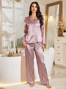 LuxeNights 女士仿丝条纹长袖上衣和裤子缎面睡衣套装、睡衣套装、秋装 - 粉色 - 查看 4