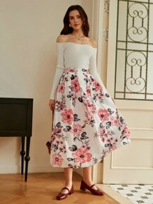 SHEIN Clasi 女士花卉印花褶皱复古优雅半身裙，适合外出、通勤、日常穿着、感恩节、返校、教师、秋季 - 彩色 - 查看 5