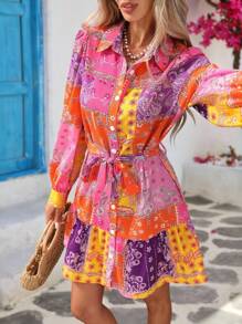 Vivid Eden فستان قصير بأكمام طويلة بطبعات ملونة وطراز بوهيمي رجعي، ملابس للعطلات والحفلات والنزهات والخريف، ملابس مناسبة للمطار والطراز البوهيمي للنساء