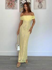 Siren Gaze 2025秋季女装新品！秋季必备单品 - 奶油黄碎花蕾丝露肩鱼尾下摆修身优雅连衣裙，生日、婚礼宾客、办公室工作、约会之夜、外出、早午餐、返校节和音乐会的完美之选，秋季女士服装之选 - 黃色 - 查看 7