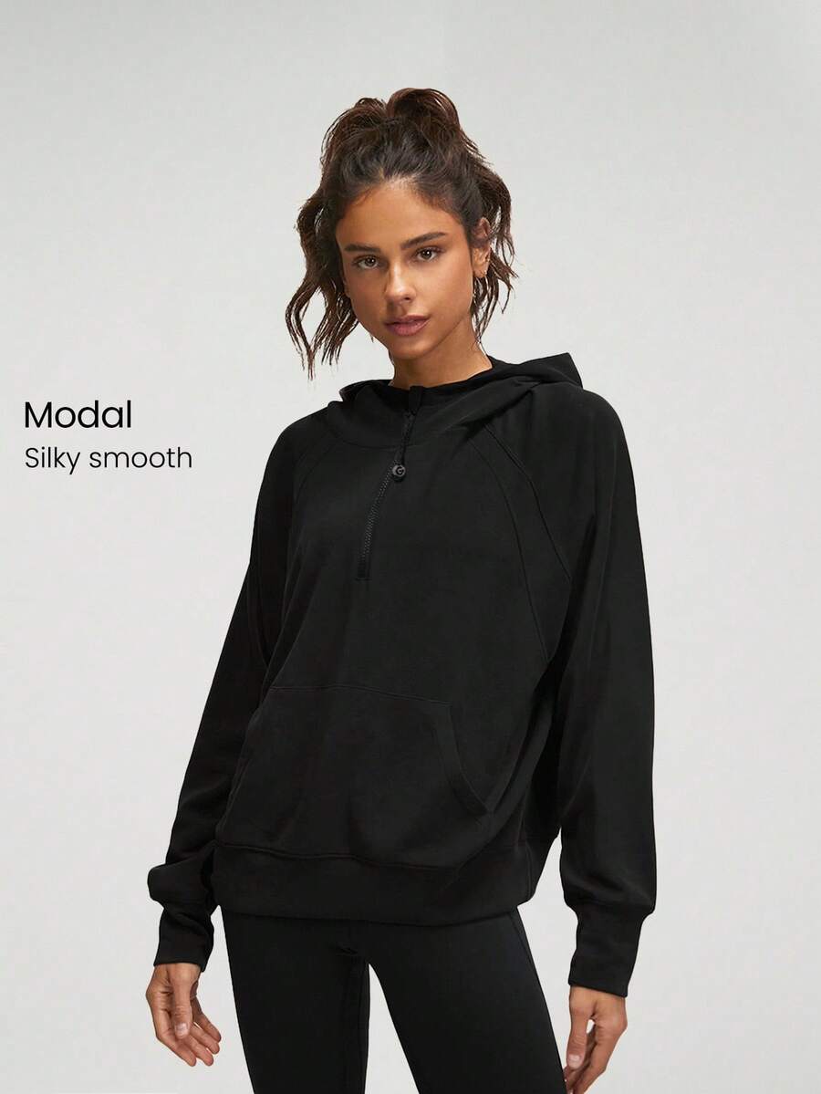 GLOWMODE Modal Silk Touch Oversized Long Sleeve Half-Zip Hoodie Fall - Black - View 1