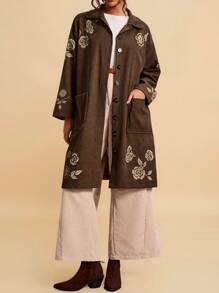 Travachic Áo khoác dài cổ màu nâu in hoa cỡ lớn cho nữ, áo khoác nhung kẻ có túi, trang phục thường ngày cho buổi hòa nhạc đồng quê, nhà thờ, tiệc tùng mùa thu đông, áo khoác cài nút màu nâu cho buổi ra ngoài - Màu nâu  Mocha - Xem 7