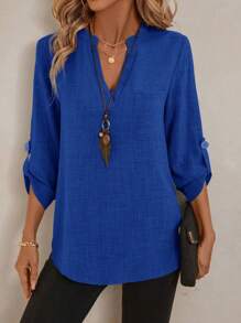 EMERY ROSE Áo sơ mi công sở cổ khoét họa tiết hoa mùa xuân cho nữ tay 3/4 - Màu xanh hải quân - Xem 4