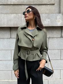 Firerie Elegante abrigo de trinchera de mujer de manga larga de doble botonadura con cintura ceñida y largo cropped, para uso casual, oficina y commuting, en color verde, para otoño - Verde - Ver 3