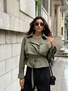 Firerie Elegante abrigo de trinchera de mujer de manga larga de doble botonadura con cintura ceñida y largo cropped, para uso casual, oficina y commuting, en color verde, para otoño - Verde - Ver 7