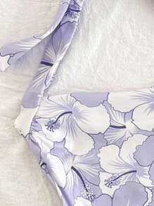 SHEIN Áo hai dây in hoa thời trang cho bé gái tuổi mới lớn, dáng ôm, ôm vừa vặn, thích hợp cho tiệc tùng, trà chiều, bãi biển, du ngoạn - Màu tím hoa cà - Xem 3