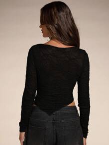 SHEIN BAE 女士灰绿色纯色约会之夜/单身派对/鸡尾酒会/返校季/音乐会服装/狂欢派对服装/时尚高街郊游/性感蕾丝圆领不对称下摆透视女式上衣/长袖蕾丝上衣/蕾丝长袖/性感女装 - 黑色 - 查看 2