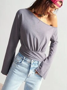 Bohemela 波西米亚风美式休闲纯色针织单肩喇叭袖女式T恤 - 灰色 - 查看 6