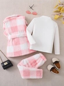 Bộ 3 món áo khoác nỉ kẻ caro và áo dài tay trơn cho bé gái, bộ đồ kẻ sọc hồng cho bé gái, bộ đồ lông mềm mại cho bé gái, bộ đồ mùa đông màu hồng, bộ áo khoác và quần lông cừu cho bé gái, bộ đồ mùa thu. - Hồng - Xem 2