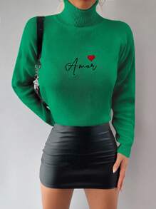 EURMUSE 字母和愛心圖案高領落肩袖套頭毛衣 - 綠色 - 查看 4