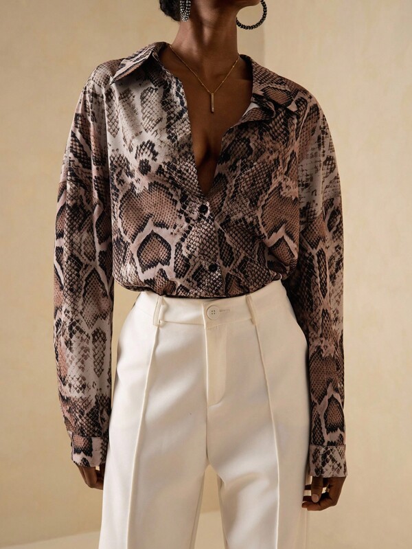 Vesra Women's Minimalist Snake Skin Print Long Sleeve Shirt, Commuter Style