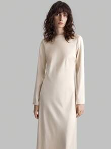 Ontre Váy công sở đa năng, thiết thực mới 2025 dành cho nữ, cổ tròn tay dài bằng vải satin, váy suông màu trơn thanh lịch, trang phục công sở thường ngày, phong cách cổ điển nhẹ nhàng, thời trang sân bay đi làm chất lượng cao - trắng - Xem 10