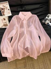 Chiquease 高端休闲度假透明衬衫，带蝴蝶结装饰 - 淺粉色 - 查看 2