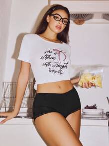 休闲简约舒适蕾丝蝴蝶结超短女式平角内裤 - 黑色 - 查看 5