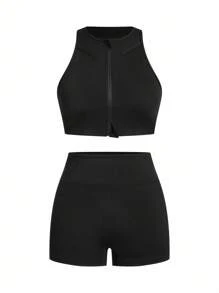 SHEIN Sports 女士圆领无袖拉链休闲短款上衣和短裤户外套装 - 黑色 - 查看 1