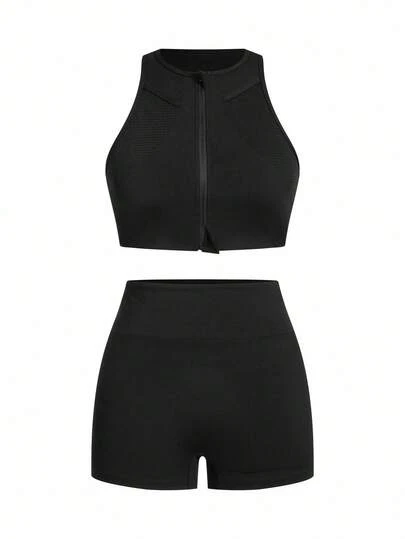 SHEIN Sports 女士圆领无袖拉链休闲短款上衣和短裤户外套装