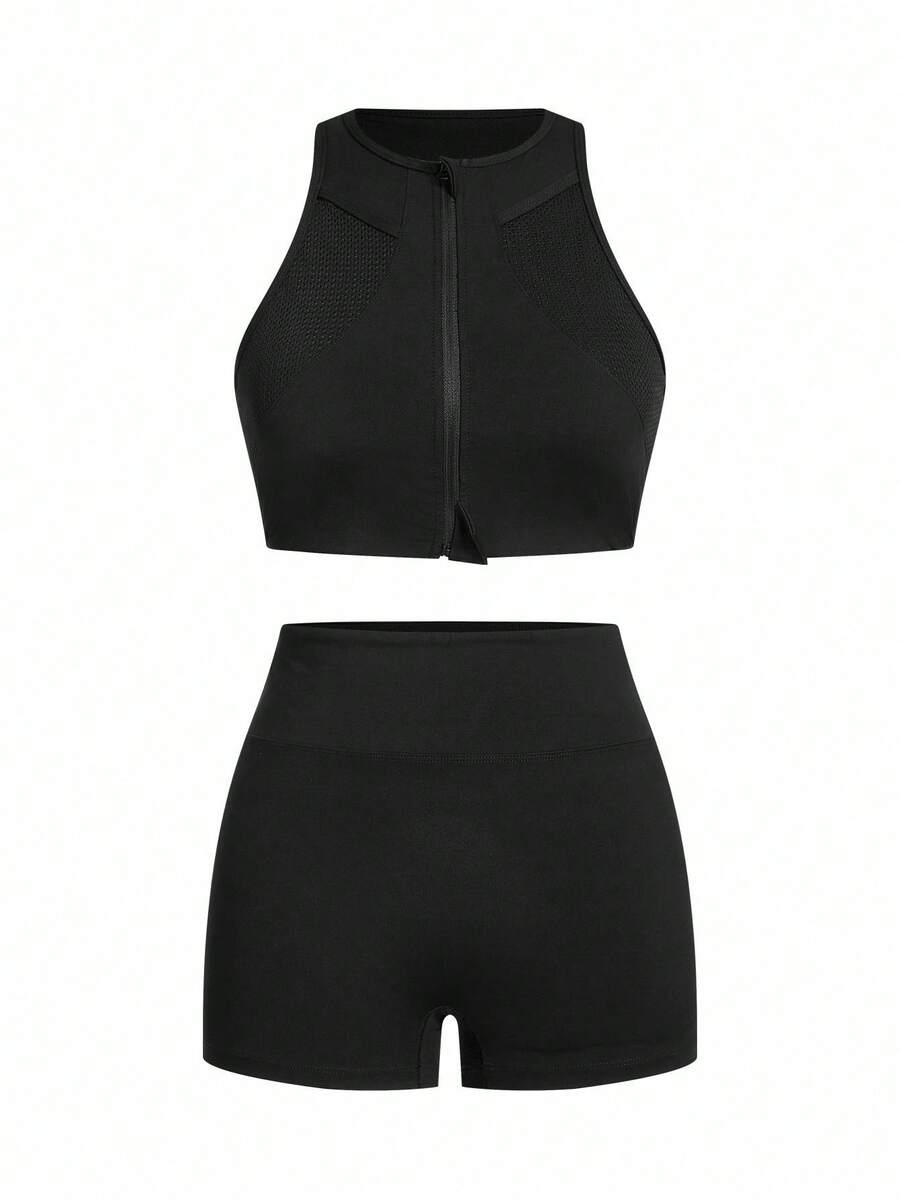 SHEIN Sports 女士圆领无袖拉链休闲短款上衣和短裤户外套装 - 黑色 - 查看 1