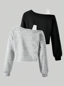 Sparklyn 2pcs/Set Tween Girls Casual Elegant Long Sleeve Sweatshirt, One Shoulder With White Strap, Ribbed Cuffs, Suitable For Travel, Outing, School Fall Winter - Multicolor - View 2