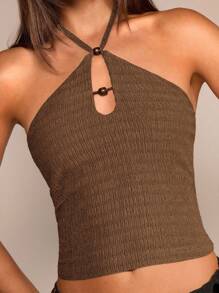 Glamine 棕色无袖针织吊带背心，带有木珠纹理，性感优雅的女士背心 - 卡其色 - 查看 1
