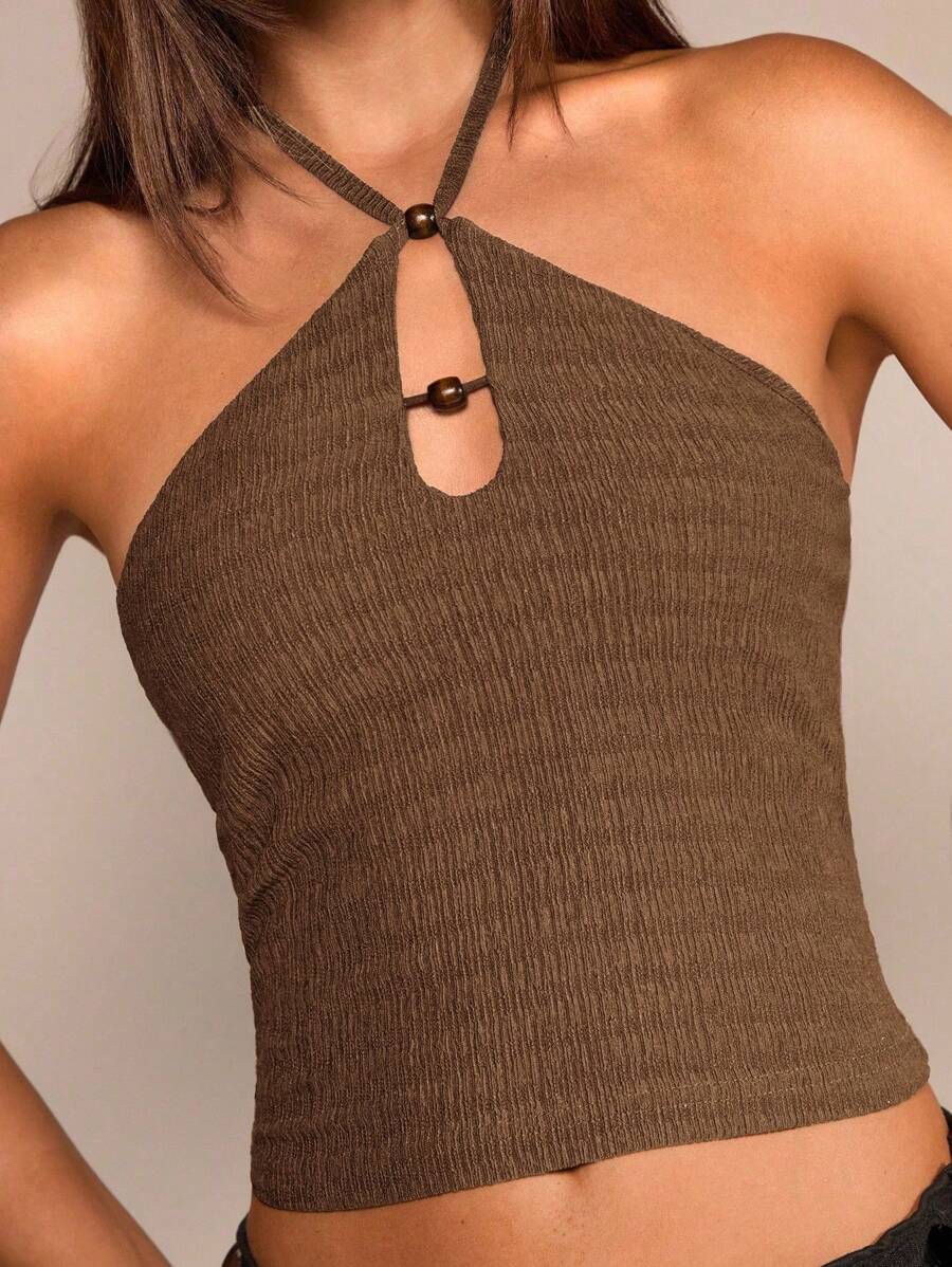 Glamine 棕色无袖针织吊带背心，带有木珠纹理，性感优雅的女士背心 - 卡其色 - 查看 1