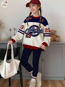 SHEIN Leap Crew 青少年女孩休闲复古字母和数字徽章图案运动衫和紧身裤两件套，学院风，返校，时尚运动服，圆领舒适长袖，适合秋冬季 - 彩色 - 查看 2