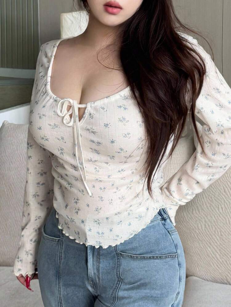 Dazy Plus Floral Print Crew Neck Drawstring Tie Waist Fitted Elegant Plus Size Women Long Sleeve T-Shirt, Autumn