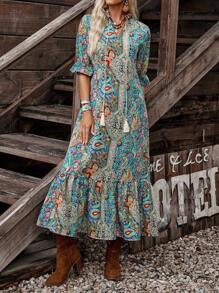 LanaWest Women's Bohemian Style Printed Mid-Sleeve Dress,Ladies Boho Fringe,Ruffle Hem Half Sleeve Tie Neck Loose Long Multicolor Flounce Sleeve All Over Print,Paisley Smock Women Long Dresses,Spring/Fall,Casual Daily Wear Maxi Women Outfit