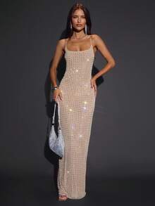 SHEIN BAE Autumn Solid Khaki Rhinestone Crystal Shiny Spaghetti Strap Round Neck Bodycon Backless Sexy Elegant Women's Dress, Suitable For Party, Nightclub, Cocktail Party, Banquet, Night Out,  Glitter Dress, Party Dress - Khaki - View 1