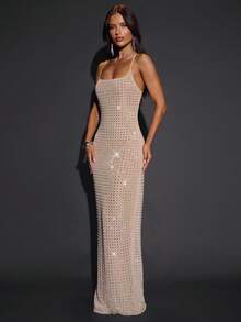 SHEIN BAE Autumn Solid Khaki Rhinestone Crystal Shiny Spaghetti Strap Round Neck Bodycon Backless Sexy Elegant Women's Dress, Suitable For Party, Nightclub, Cocktail Party, Banquet, Night Out,  Glitter Dress, Party Dress - Khaki - View 6