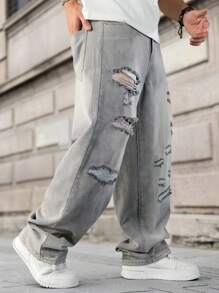 Manfinity Homme Plus Size Men's Casual Washed Distressed Denim Jeans - Grey - View 4