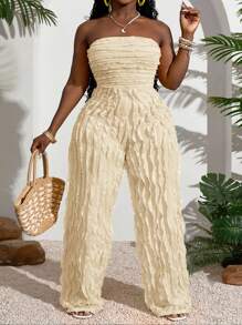 Slaydiva 2025 Summer New Arrival, Music Festival, Wedding Season, Easter, Western Style, Nomadic Style, St. Patrick's Day, Birthday Party, Graduation Season, Student Wear, Daily Casual, Leisure, Vacation, Cruise Travel, Beach, Sunbathing, Fashionable, Texture, Strapless, Yellow, Plus Size Women Jumpsuit Ruffle Jumpsuit Women Jumpsuit Summer Jumpsuit Vacation Outfit Tube Top Jumpsuit - Apricot - View 1