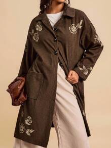 Travachic Áo khoác dài cổ màu nâu in hoa cỡ lớn cho nữ, áo khoác nhung kẻ có túi, trang phục thường ngày cho buổi hòa nhạc đồng quê, nhà thờ, tiệc tùng mùa thu đông, áo khoác cài nút màu nâu cho buổi ra ngoài - Màu nâu  Mocha - Xem 6