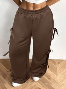 SHEIN EZwear 女士休闲运动裤，带蝴蝶结抽绳，咖啡棕色 - 咖啡棕 - 查看 6