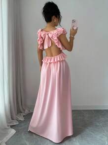 Elenzga Women Sexy Solid Deep V-Neck Tie Backless Layered Ruffle Trim Long Dress Fall Cloth For Women - Pink - View 2