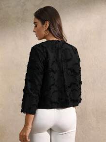EMERY ROSE Plus Size Women Solid Color Laser Cut Texture Open Front Long Sleeve Fitted Formal Elegant Office Blazer - Black - View 2
