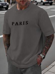 Manfinity Homme Men's Casual Letter Pattern Knit Sweater, Summer Men Slogan Graphic Tee Paris Men Men Street Wear - Dark Grey - View 4
