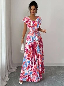 Elenzga 荷叶边袖 V 领度假 A 字腰褶皱优雅浪漫女式连衣裙 - 彩色 - 查看 4