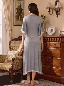 SHEIN 女式蕾丝边拼布喇叭袖针织休闲睡袍